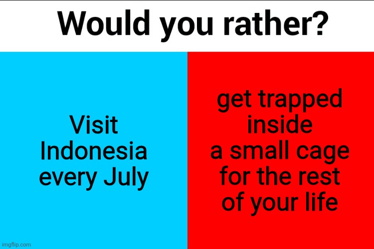 Would you rather? | Visit Indonesia every July; get trapped inside a small cage for the rest of your life | image tagged in would you rather | made w/ Imgflip meme maker