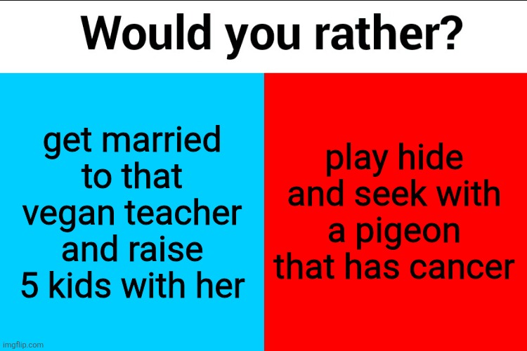 Would you rather? | get married to that vegan teacher and raise 5 kids with her; play hide and seek with a pigeon that has cancer | image tagged in would you rather | made w/ Imgflip meme maker