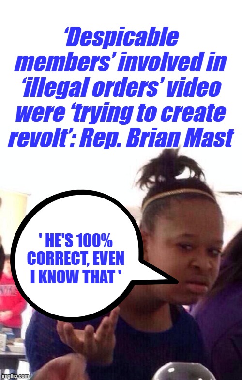 The actual definition of Sedition is what they did. | ‘Despicable members’ involved in ‘illegal orders’ video were ‘trying to create revolt’: Rep. Brian Mast; ' HE'S 100% CORRECT, EVEN I KNOW THAT ' | image tagged in memes,black girl wat | made w/ Imgflip meme maker