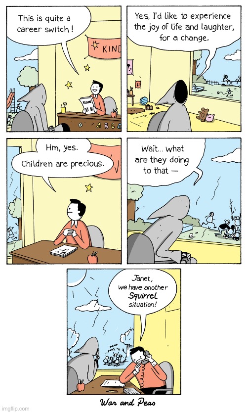War and Peas | image tagged in comics,war and peas,grim reaper,career switch,children | made w/ Imgflip meme maker