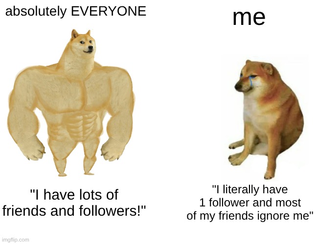 I need serious help :D | absolutely EVERYONE; me; "I have lots of friends and followers!"; "I literally have 1 follower and most of my friends ignore me" | image tagged in memes,buff doge vs cheems,sad,no one cares,lol so funny | made w/ Imgflip meme maker