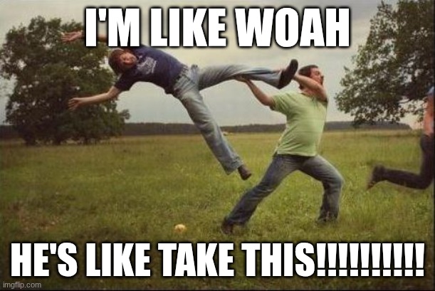 Hitting A Motherfucker With Another Motherfucker | I'M LIKE WOAH; HE'S LIKE TAKE THIS!!!!!!!!!! | image tagged in hitting a motherfucker with another motherfucker | made w/ Imgflip meme maker