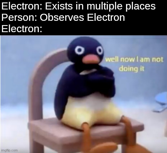 Science | Electron: Exists in multiple places

Person: Observes Electron

Electron: | image tagged in well now i'm not doing it | made w/ Imgflip meme maker