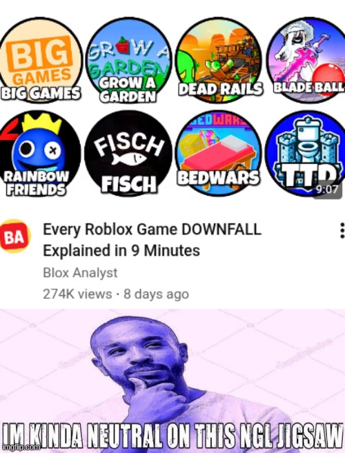 I wouldnt say grow a garden fell off since it still has hundreds of thousands of active players, but yeah millions anymore | image tagged in im kinda neutral on this ngl jigsaw | made w/ Imgflip meme maker