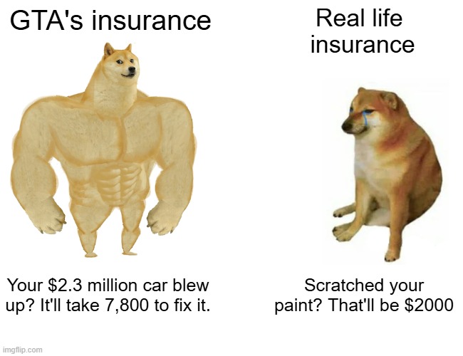 So true | GTA's insurance; Real life 
insurance; Your $2.3 million car blew up? It'll take 7,800 to fix it. Scratched your paint? That'll be $2000 | image tagged in memes,buff doge vs cheems,funny,gta,insurance | made w/ Imgflip meme maker