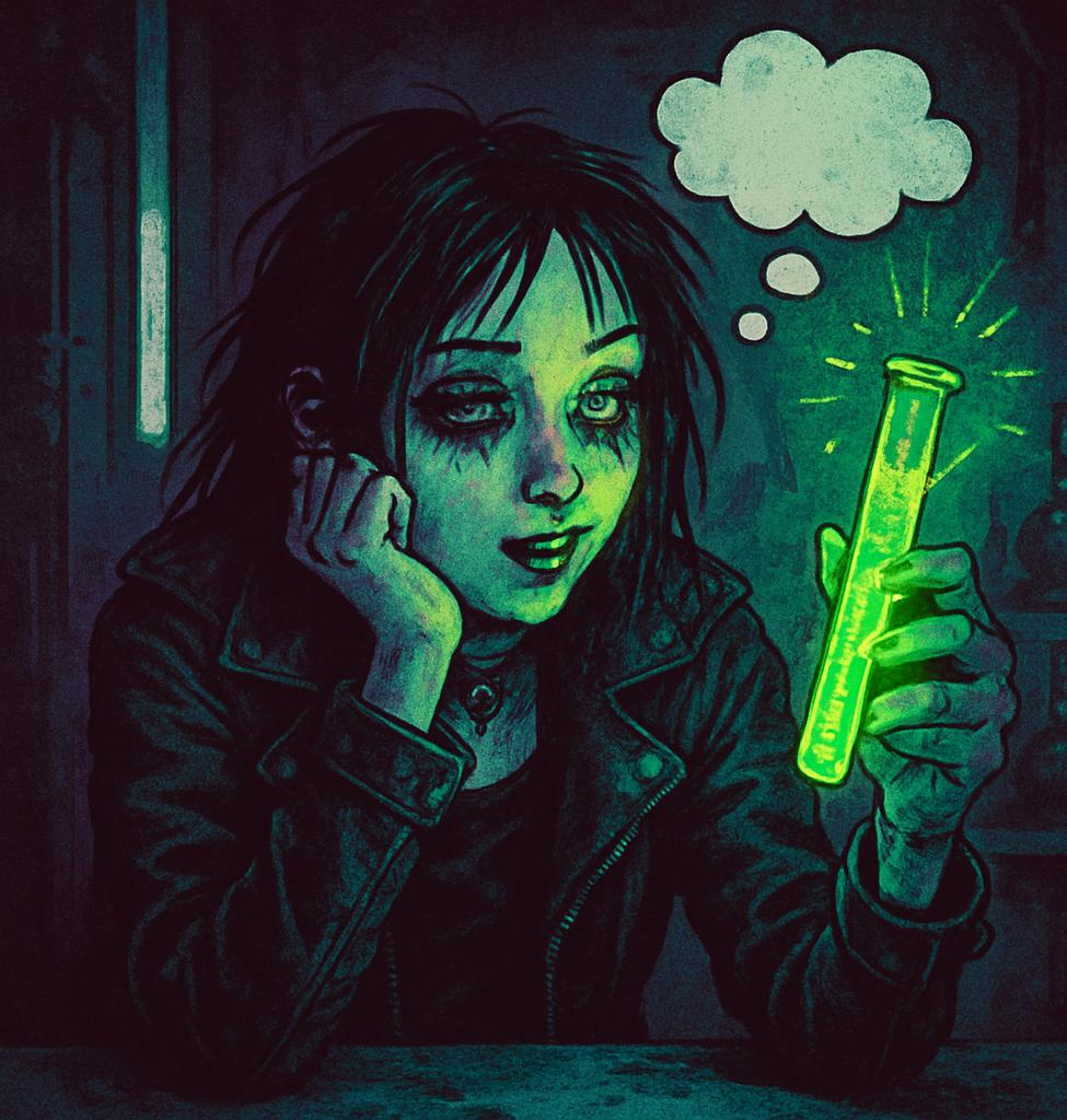 A girl looking tired until she looks at a test tube and her eyes Blank Meme Template