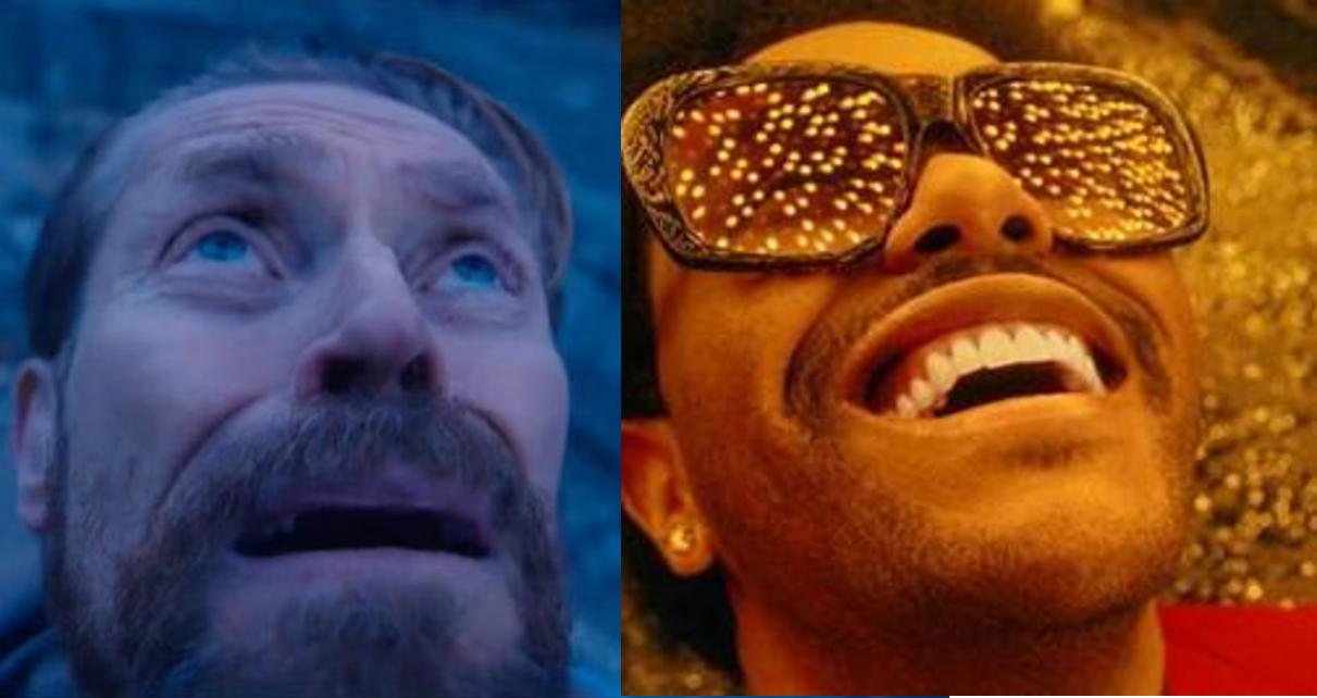 Willem Dafoe looking up in terror next to happy pal Blank Meme Template