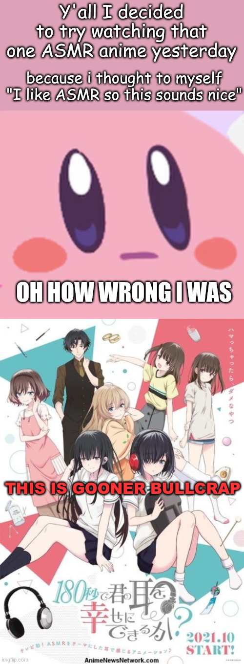 the first SECONDS of ep1 was just ANIME GIRL BREATHING IN WAV FORMAT | Y'all I decided to try watching that one ASMR anime yesterday; because i thought to myself "I like ASMR so this sounds nice"; OH HOW WRONG I WAS; THIS IS GOONER BULLCRAP | image tagged in blank kirby face | made w/ Imgflip meme maker