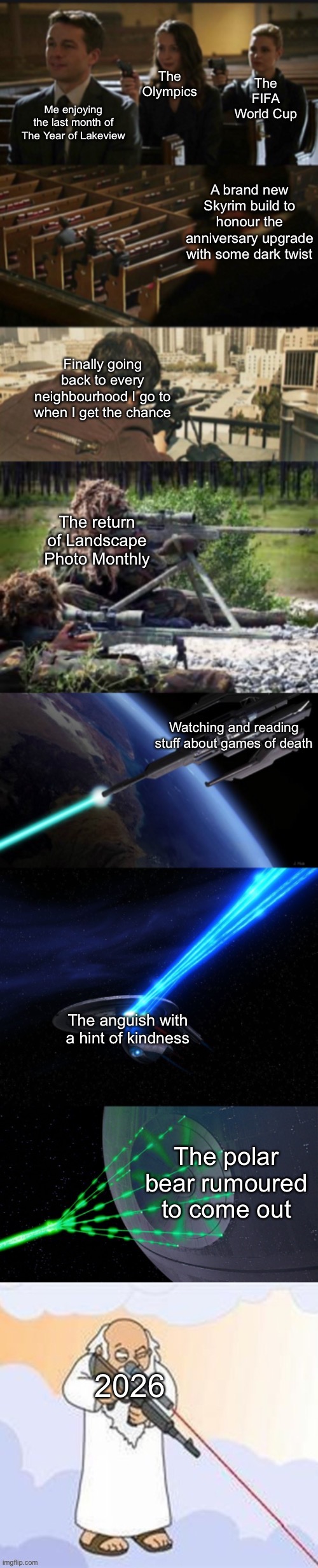 Yup! Only one month away to 2026! Get ready y’all! (Also, I’m back!) | The Olympics; The FIFA World Cup; Me enjoying the last month of The Year of Lakeview; A brand new Skyrim build to honour the anniversary upgrade with some dark twist; Finally going back to every neighbourhood I go to when I get the chance; The return of Landscape Photo Monthly; Watching and reading stuff about games of death; The anguish with a hint of kindness; The polar bear rumoured to come out; 2026 | image tagged in assassination chain with too many assassins | made w/ Imgflip meme maker