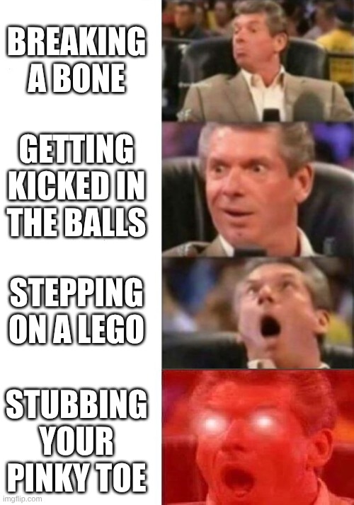 Mr. McMahon reaction | BREAKING A BONE; GETTING KICKED IN THE BALLS; STEPPING ON A LEGO; STUBBING YOUR PINKY TOE | image tagged in mr mcmahon reaction | made w/ Imgflip meme maker