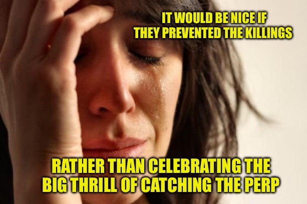 California Police Statism | IT WOULD BE NICE IF THEY PREVENTED THE KILLINGS; RATHER THAN CELEBRATING THE BIG THRILL OF CATCHING THE PERP | image tagged in first world problems,police state,nwo,political memes,police,criminals | made w/ Imgflip meme maker