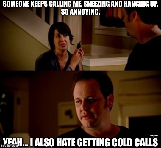 Those calls | SOMEONE KEEPS CALLING ME, SNEEZING AND HANGING UP.
SO ANNOYING. YEAH… I ALSO HATE GETTING COLD CALLS | image tagged in well he's a guy so,cold,phone call,sneezing | made w/ Imgflip meme maker