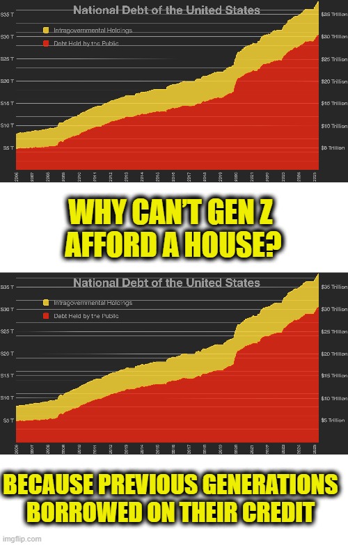 No hay plata! | WHY CAN’T GEN Z
 AFFORD A HOUSE? BECAUSE PREVIOUS GENERATIONS
BORROWED ON THEIR CREDIT | image tagged in gen z | made w/ Imgflip meme maker