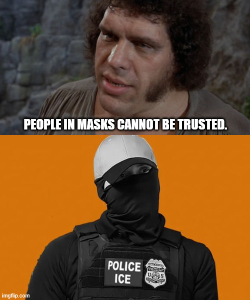People in masks cannot be trusted! | PEOPLE IN MASKS CANNOT BE TRUSTED. | image tagged in the brute squad | made w/ Imgflip meme maker