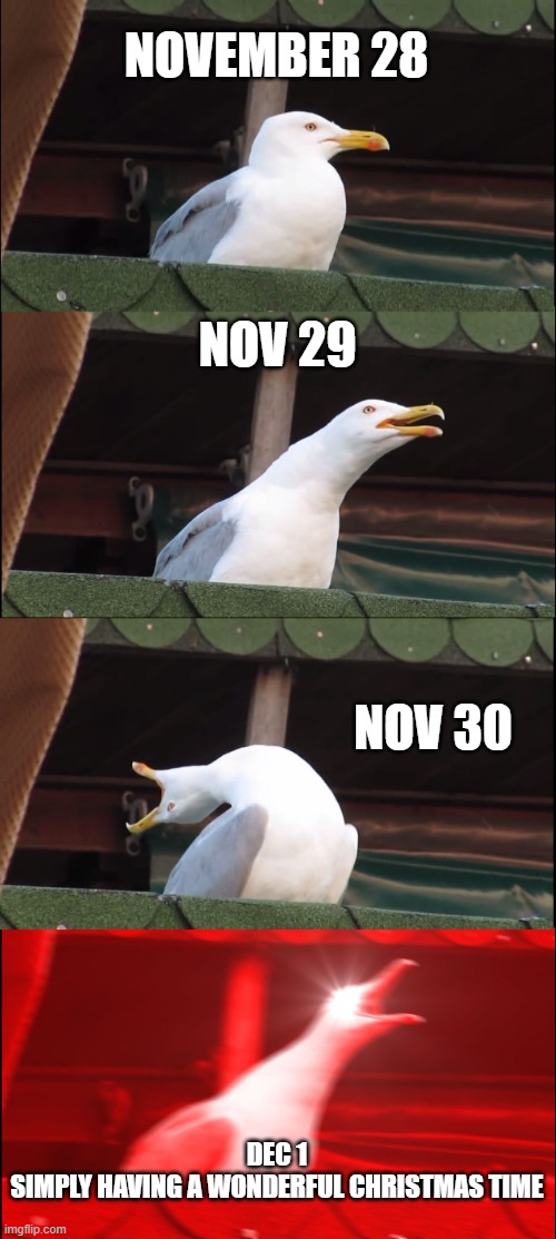 Inhaling Seagull | NOVEMBER 28; NOV 29; NOV 30; DEC 1

SIMPLY HAVING A WONDERFUL CHRISTMAS TIME | image tagged in memes,inhaling seagull | made w/ Imgflip meme maker