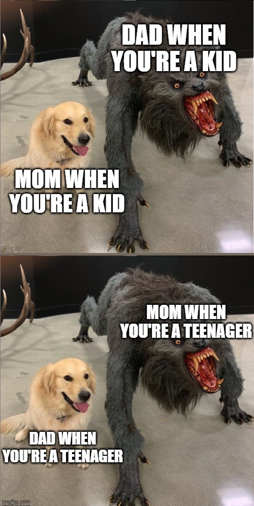 5 years old vs 15 years old | DAD WHEN YOU'RE A KID; MOM WHEN YOU'RE A KID; MOM WHEN YOU'RE A TEENAGER; DAD WHEN YOU'RE A TEENAGER | image tagged in dog vs werewolf,teenagers,kids,memes,funny,relatable | made w/ Imgflip meme maker