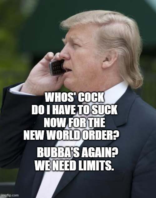 Trump on the phone | WHOS' COCK DO I HAVE TO SUCK NOW FOR THE NEW WORLD ORDER? BUBBA'S AGAIN? WE NEED LIMITS. | image tagged in trump on the phone | made w/ Imgflip meme maker