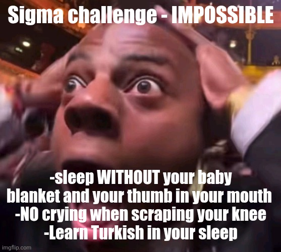 Speed shock | Sigma challenge - IMPOSSIBLE; -sleep WITHOUT your baby blanket and your thumb in your mouth 
-NO crying when scraping your knee
-Learn Turkish in your sleep | image tagged in speed shock | made w/ Imgflip meme maker