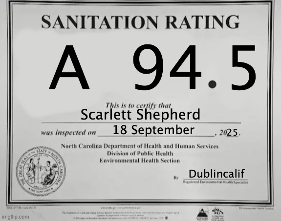 North Carolina Sanitation Rating | A  94 5; Scarlett Shepherd; 18 September; 25; Dublincalif | image tagged in north carolina sanitation rating | made w/ Imgflip meme maker