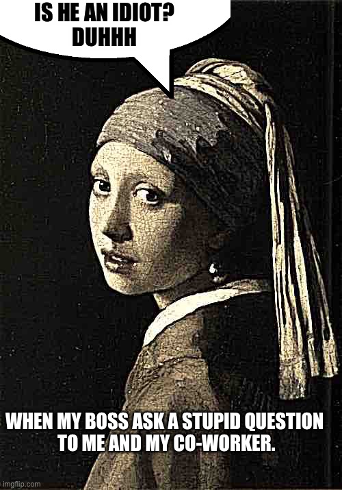 girl with a pearl earring | IS HE AN IDIOT?
DUHHH; WHEN MY BOSS ASK A STUPID QUESTION 
TO ME AND MY CO-WORKER. | image tagged in girl with a pearl earring | made w/ Imgflip meme maker