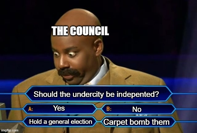 Day 371 of Arcane memes until the next season/series comes out. | THE COUNCIL; Should the undercity be indepented? Yes; No; Carpet bomb them; Hold a general election | image tagged in who wants to be a millionaire,arcane | made w/ Imgflip meme maker
