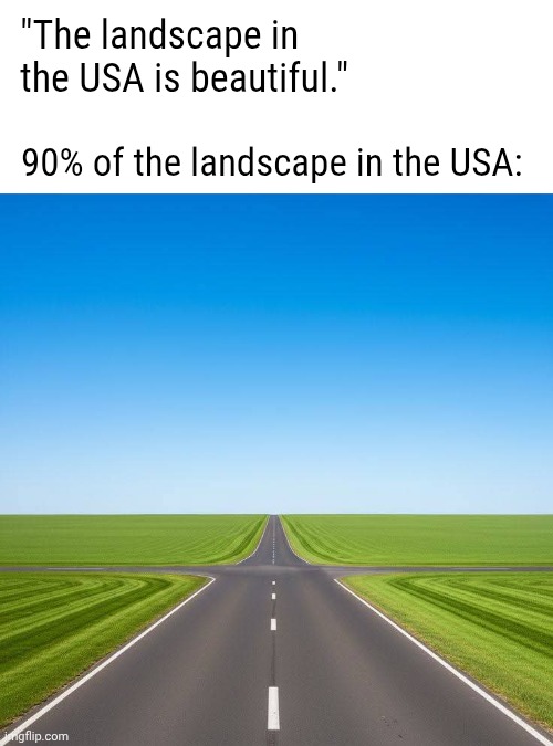 Is the USA really flat or is just because I'm Scottish? | "The landscape in the USA is beautiful."; 90% of the landscape in the USA: | image tagged in murica | made w/ Imgflip meme maker