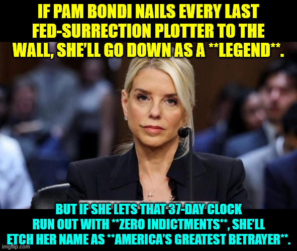 No pressure | IF PAM BONDI NAILS EVERY LAST FED-SURRECTION PLOTTER TO THE WALL, SHE’LL GO DOWN AS A **LEGEND**. BUT IF SHE LETS THAT 37-DAY CLOCK RUN OUT WITH **ZERO INDICTMENTS**, SHE’LL ETCH HER NAME AS **AMERICA’S GREATEST BETRAYER**. | image tagged in the real j6 criminals,need to be held accountable,bondi | made w/ Imgflip meme maker