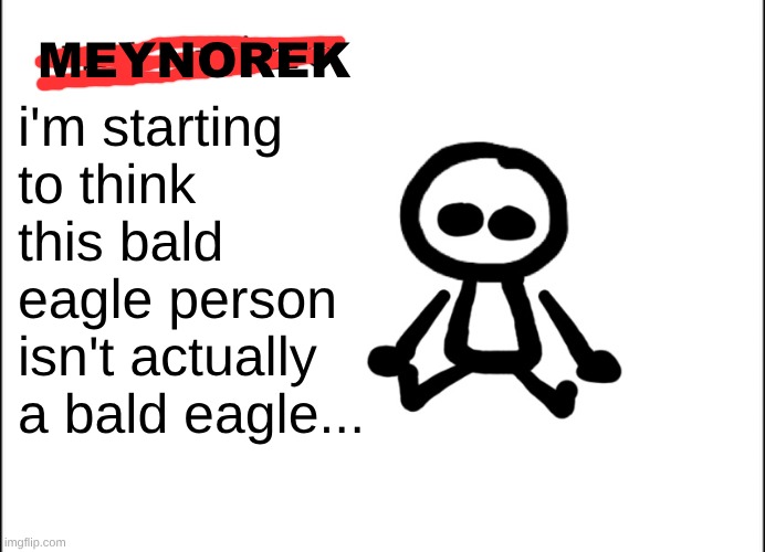 Velatino Template | MEYNOREK; i'm starting to think this bald eagle person isn't actually a bald eagle... | image tagged in velatino template | made w/ Imgflip meme maker