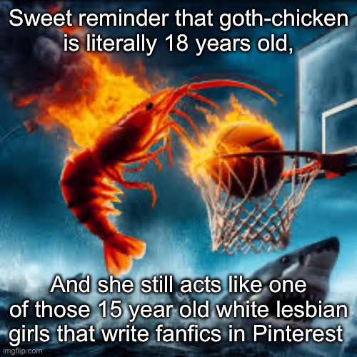 Mature up bro | Sweet reminder that goth-chicken is literally 18 years old, And she still acts like one of those 15 year old white lesbian girls that write fanfics in Pinterest | image tagged in ballin shrimp,msmg | made w/ Imgflip meme maker