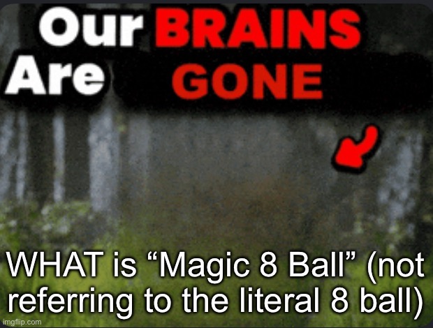Our brains are GONE | WHAT is “Magic 8 Ball” (not referring to the literal 8 ball) | image tagged in our brains are gone | made w/ Imgflip meme maker