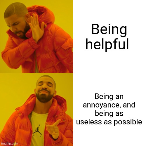 Drake Hotline Bling Meme | Being helpful; Being an annoyance, and being as useless as possible | image tagged in memes,drake hotline bling | made w/ Imgflip meme maker
