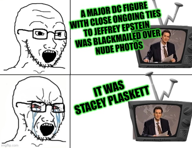 scandalous | A MAJOR DC FIGURE
WITH CLOSE ONGOING TIES
TO JEFFREY EPSTEIN
WAS BLACKMAILED OVER
NUDE PHOTOS; IT WAS STACEY PLASKETT | image tagged in soyboy reaction mad cry,political meme | made w/ Imgflip meme maker