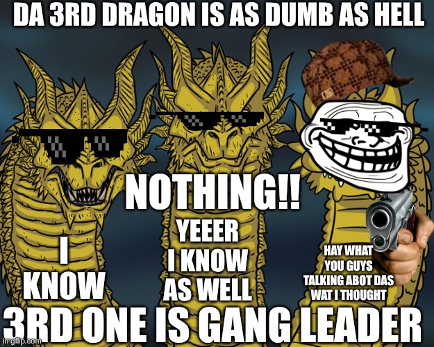 pov if dragons were real and some were in gangs | DA 3RD DRAGON IS AS DUMB AS HELL; NOTHING!! YEEER I KNOW AS WELL; I KNOW; HAY WHAT YOU GUYS TALKING ABOT DAS WAT I THOUGHT; 3RD ONE IS GANG LEADER | image tagged in three-headed dragon | made w/ Imgflip meme maker