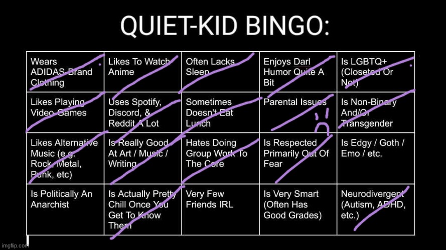 Quiet Kid Bingo | image tagged in quiet kid bingo | made w/ Imgflip meme maker