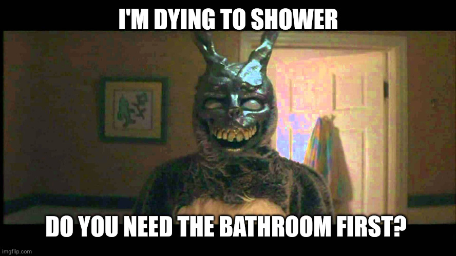 A shower a day, keeps the bunny away | I'M DYING TO SHOWER; DO YOU NEED THE BATHROOM FIRST? | image tagged in frank from donnie darko,donnie darko,memes,bathroom humor,sharing is caring,shower thoughts | made w/ Imgflip meme maker