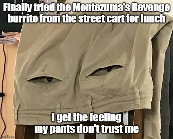Sketchy Pants | Finally tried the Montezuma's Revenge burrito from the street cart for lunch; I get the feeling my pants don't trust me | image tagged in trust issues,pants,its gonna blow,no shit sherlock | made w/ Imgflip meme maker