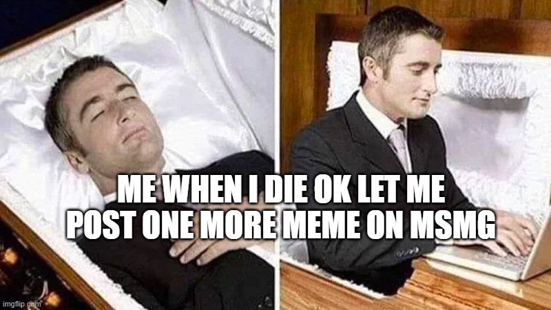 Lol | ME WHEN I DIE OK LET ME POST ONE MORE MEME ON MSMG | image tagged in deceased man in coffin typing | made w/ Imgflip meme maker