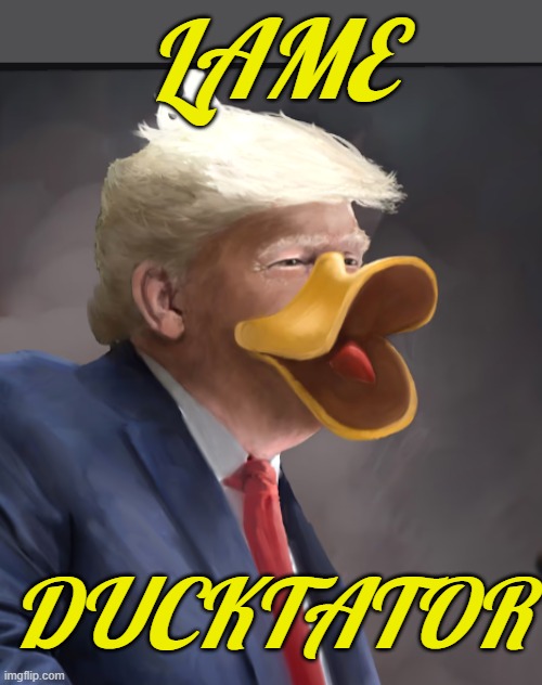 For Thinknoramus, for making me think | LAME; DUCKTATOR | image tagged in trump duck,idiocracy,fascism,noise | made w/ Imgflip meme maker