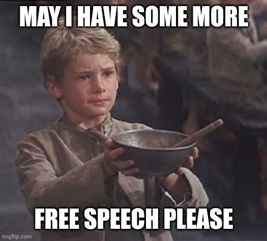 Please sir may I have some more | MAY I HAVE SOME MORE; FREE SPEECH PLEASE | image tagged in please sir may i have some more | made w/ Imgflip meme maker