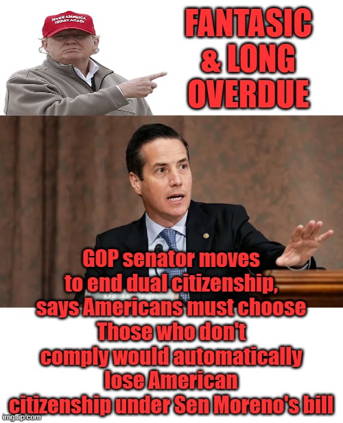 This would be the best law in the 21st century contact your REPS and demand it be passed | FANTASIC & LONG OVERDUE; GOP senator moves to end dual citizenship, says Americans must choose
Those who don't comply would automatically lose American citizenship under Sen Moreno's bill | made w/ Imgflip meme maker