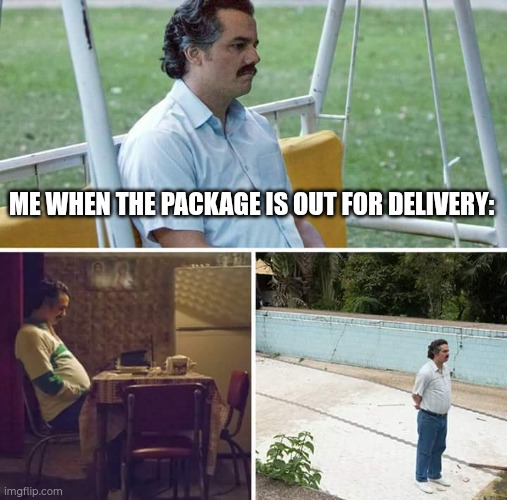 Sad Pablo Escobar Meme | ME WHEN THE PACKAGE IS OUT FOR DELIVERY: | image tagged in memes,sad pablo escobar | made w/ Imgflip meme maker