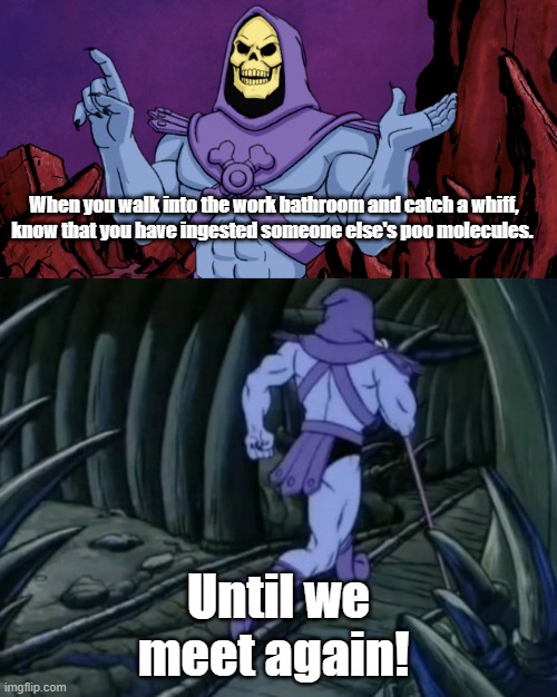 Skeletor until we meet again | When you walk into the work bathroom and catch a whiff, know that you have ingested someone else's poo molecules. Until we meet again! | image tagged in skeletor until we meet again | made w/ Imgflip meme maker