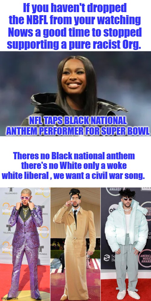 Have you figured out who controls DEM party yet ? | If you haven't dropped the NBFL from your watching Nows a good time to stopped supporting a pure racist Org. NFL TAPS BLACK NATIONAL ANTHEM PERFORMER FOR SUPER BOWL; Theres no Black national anthem there's no White only a woke white liberal , we want a civil war song. | made w/ Imgflip meme maker