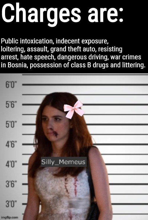 I DIDN'T DO IT, HONESTLY!!!!!!!!!!!! | Charges are:; Public intoxication, indecent exposure, loitering, assault, grand theft auto, resisting arrest, hate speech, dangerous driving, war crimes in Bosnia, possession of class B drugs and littering. | image tagged in memeus,mugshot | made w/ Imgflip meme maker