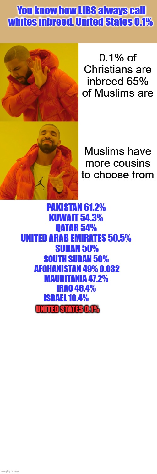 OUR CULTURES ARE NOT COMPATABLE WITH EACH OTHER | You know how LIBS always call whites inbreed. United States	0.1%; 0.1% of Christians are inbreed 65% of Muslims are; Muslims have more cousins to choose from; PAKISTAN	61.2%	
KUWAIT	54.3%	
QATAR	54%	
UNITED ARAB EMIRATES	50.5%	
SUDAN	50%; SOUTH SUDAN	50%	
AFGHANISTAN	49%	0.032
MAURITANIA	47.2%	
IRAQ	46.4%	
ISRAEL	10.4%; UNITED STATES	0.1% | image tagged in memes,drake hotline bling,blank white template,blank transparent square | made w/ Imgflip meme maker