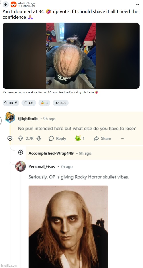 image tagged in hair,bald,rocky horror,skullet | made w/ Imgflip meme maker