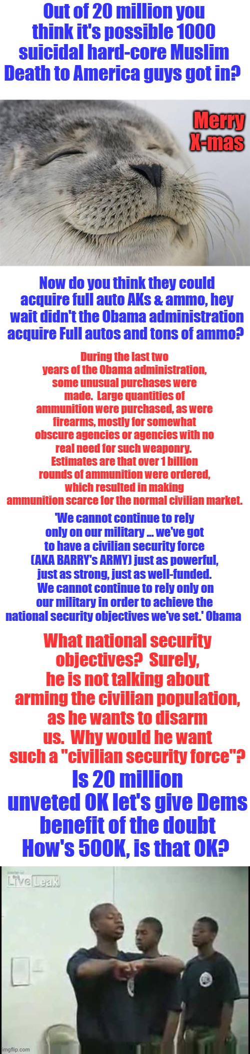 HARD QUESTION's that need to be asked & answered fast.. Remember he also stated he would like a third run from basement WH | Out of 20 million you think it's possible 1000 suicidal hard-core Muslim Death to America guys got in? Merry X-mas; Now do you think they could acquire full auto AKs & ammo, hey wait didn't the Obama administration acquire Full autos and tons of ammo? During the last two years of the Obama administration, some unusual purchases were made.  Large quantities of ammunition were purchased, as were firearms, mostly for somewhat obscure agencies or agencies with no real need for such weaponry.  Estimates are that over 1 billion rounds of ammunition were ordered, which resulted in making ammunition scarce for the normal civilian market. 'We cannot continue to rely only on our military ... we've got to have a civilian security force (AKA BARRY's ARMY) just as powerful, just as strong, just as well-funded.  We cannot continue to rely only on our military in order to achieve the national security objectives we've set.' Obama; What national security objectives?  Surely, he is not talking about arming the civilian population, as he wants to disarm us.  Why would he want such a "civilian security force"? Is 20 million unveted OK let's give Dems benefit of the doubt How's 500K, is that OK? | image tagged in memes,satisfied seal,blank transparent square | made w/ Imgflip meme maker