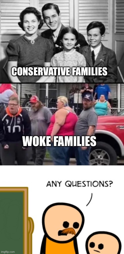 A picture tells 1 million words | CONSERVATIVE FAMILIES; WOKE FAMILIES | image tagged in any questions,then vs now,memes,lol,relatable | made w/ Imgflip meme maker