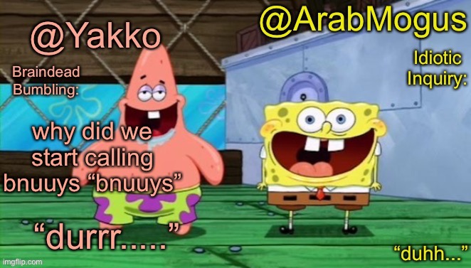 Yakko and ArabMogus’s shared temp | why did we start calling bnuuys “bnuuys” | image tagged in yakko and arabmogus s shared temp | made w/ Imgflip meme maker
