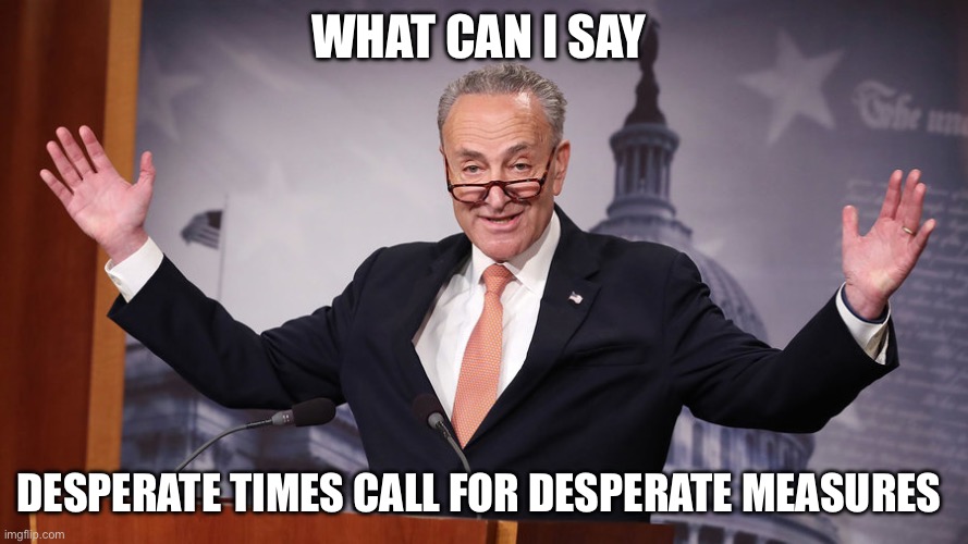 Chuck Schumer | WHAT CAN I SAY DESPERATE TIMES CALL FOR DESPERATE MEASURES | image tagged in chuck schumer | made w/ Imgflip meme maker